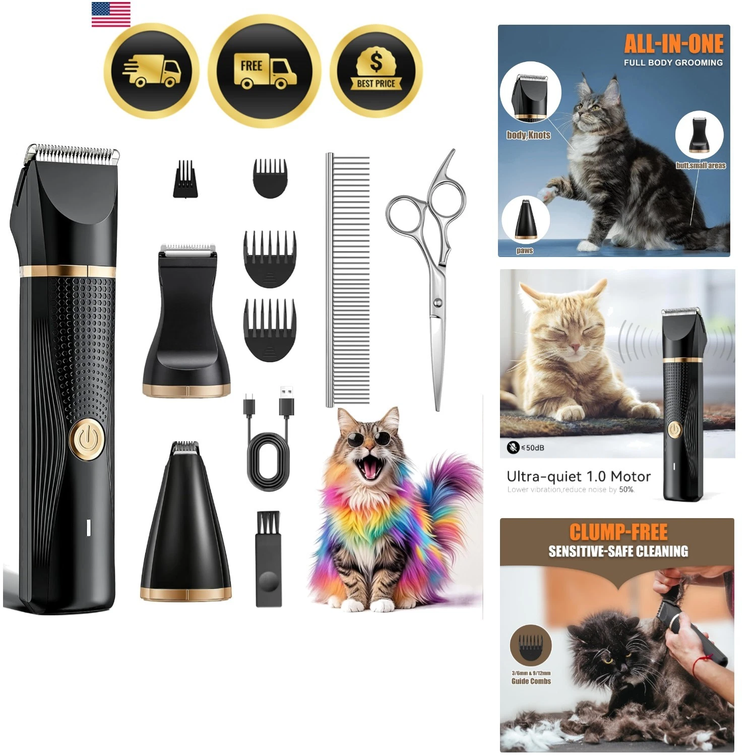 Cat Grooming Clippers Kit with Paw Trimmer and 3-in-1 Electric Hair Trimmer