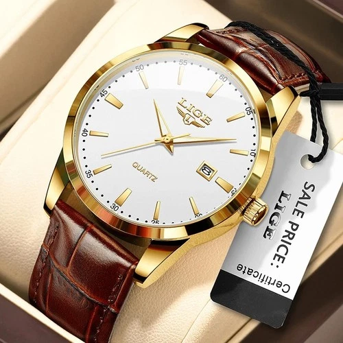 Mens LIGE Classic Luxury Wristwatch Sports Waterproof Quartz Leather Strap Watch
