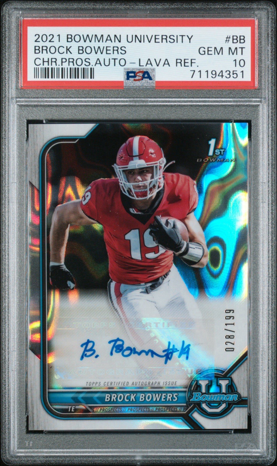 2021-22 Bowman University 1st Auto Brock Bowers Lava Refractor /199 PSA 10