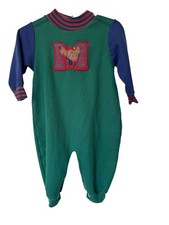 Vintage Healthtex Holiday Moose Blue and Green Snap Button Romper Bodysuit 12M