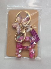 Purple Pink Initial Letter "R" Resin Keychain Purse Charm Butterfly Tassel Charm