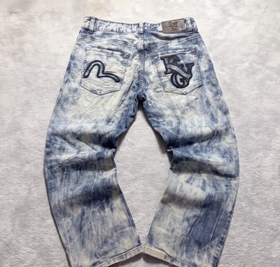 Evisu Y2K Jeans Gr. 34 Acid Wash Seagull Backprint Straight Leg Denim Vintage
