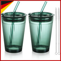 Trinkbecher Glas 450Ml GrüN 2Er Set Mit Deckel Und Strohhalm FüR Saft Kaffee Tee