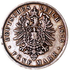 German States PRUSSIA 5 Mark 1875 B Wilhelm I KM# 503
