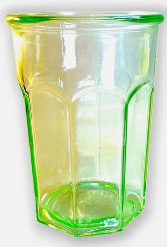 2 Vintage Anchor Hocking Green Uranium Glass Octagonal Jelly Tumbler UV Glows