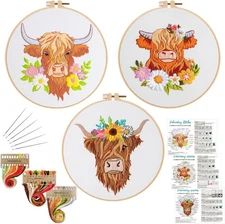3 Sets Embroidery Kits 22 cm x 23 x 2.5 cm, Highland Cow and Florals Pattern 