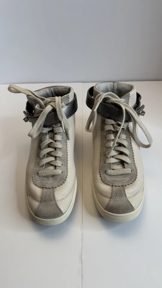 Coach High Top Sneakers Turnlock Strap Beige Gray Leather Size 8B - Image 2 of 4