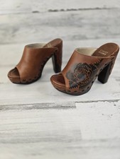 Stuart Weitzman Womens Tan Leather Rose Floral Studded Platform Clog Mules Spain