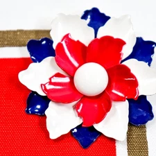 Vintage Metal Enamel Floral Brooch Pin Flower Power Red White Blue Groovy Large