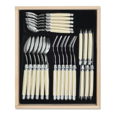 Laguiole 24-teiliges Besteck Set in Premiumqualität Holz Display Tablett elfenbeinweiß