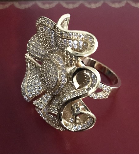 STUNNING 18K Yellow Gold Haute Couture Pave CZ 3D Flower Ring Vermeil &Keychain - Picture 8 of 13