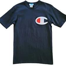 Champion Big C T-Shirt Sewn Logo Short Sleeve Retro Vintage Men Small Slim BLACK
