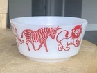 VINTAGE MILK GLASS CHILD'S CIRCUS BOWL red white Monkey zebra Lion Horse