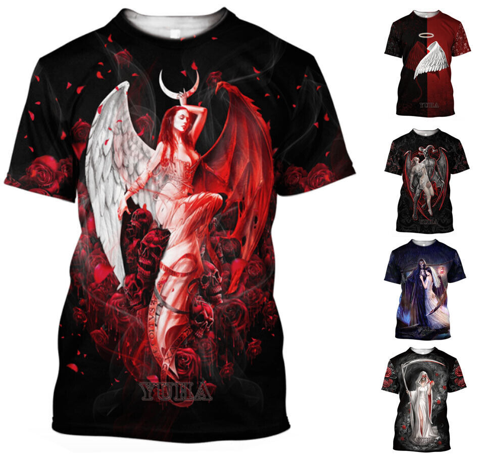 Mens Graphic T-Shirt Angels Demons Design Short Sleeve Tee Top O Neck Cool