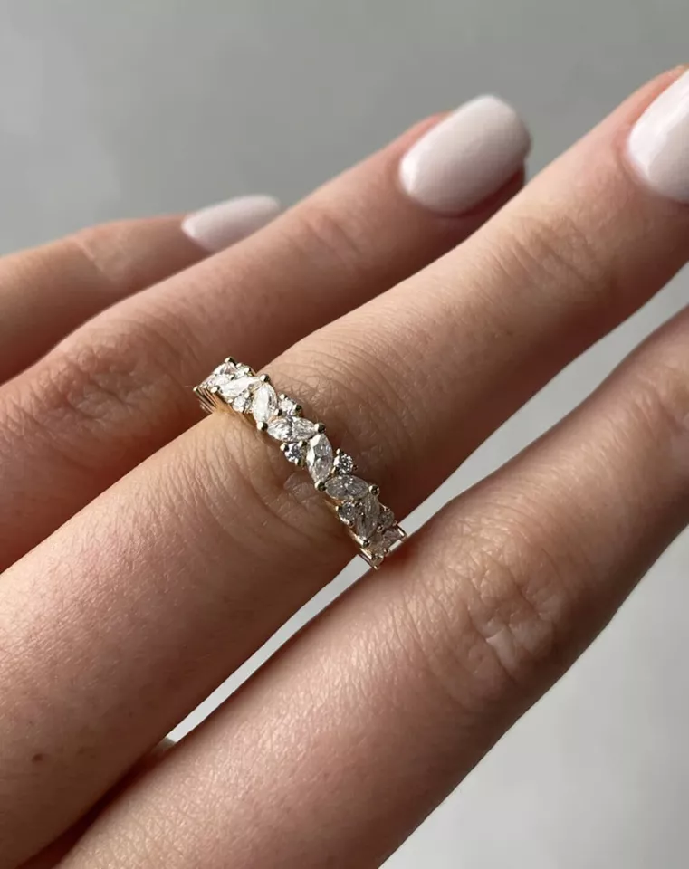 0.80Ct Marquise & Round Cut Lab Grown Diamond Ring Eternity Band 14K Yellow Gold - Image 2 of 4