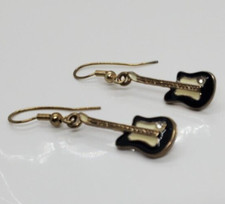 Vintage 80's 90's Enameled Guitar Silver Tone Pierced Wire Earrings