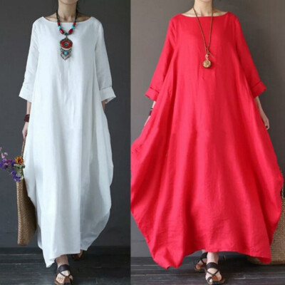 Women Vintage Boho Long Sleeve Dress Cotton Linen Large Size Loose