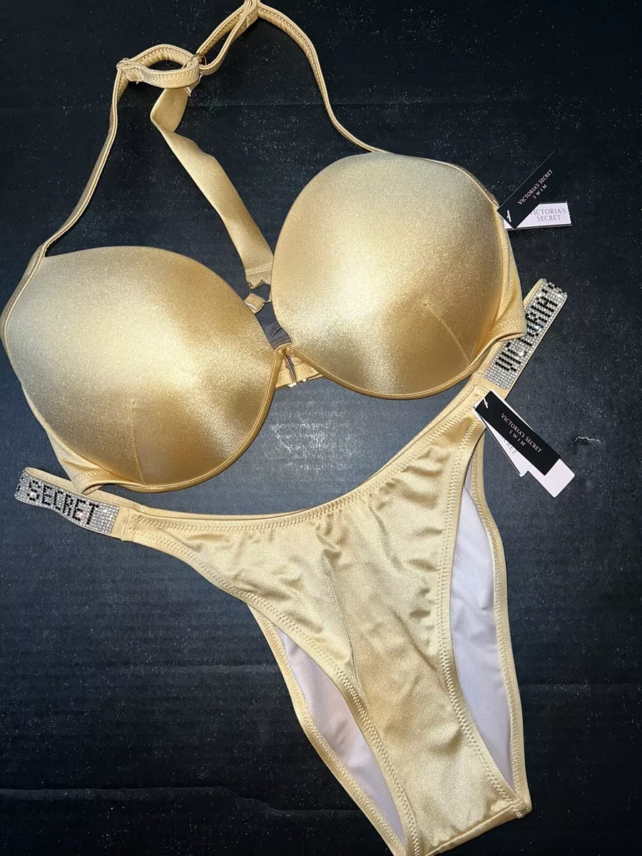 Victoria's Secret racerback 34DDD,36B BIKINI XL brazilian bottm GOLD SHINE  STRAP