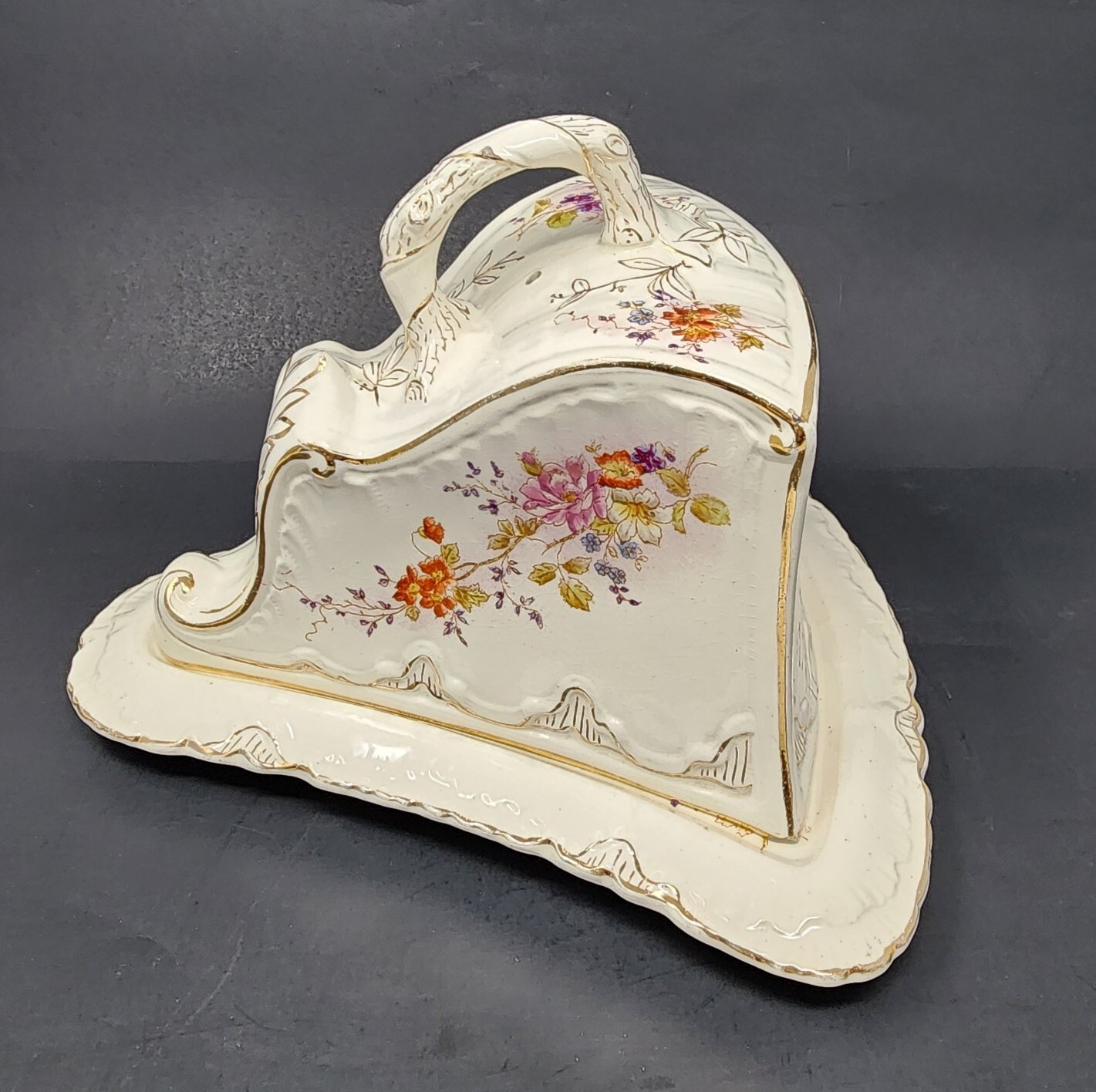 Antique Porcelain Cheese Keeper/Dish With Cover Floral Design Marked 10