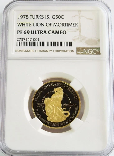 1978 GOLD TURKS & CAICOS 265 MINTED 50 CROWN WHITE LION MORTIMER NGC PROOF 69UC