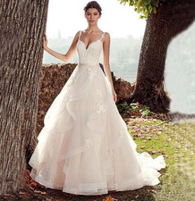 Sexy V Neck Spaghetti Straps Applique Wedding Dresses Ruffled Tulle Lace Bridal