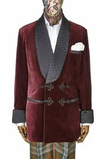 Men Burgundy Smoking Jackets Velvet Quilted Shawl Lapel Dinner Blazer Coats US