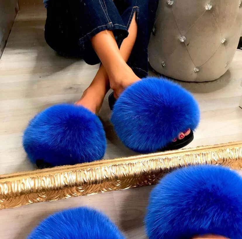 Royal Blue Women s Real Fox Fur Slides Max Large XXL Furry Slipper Sandals Shoes
