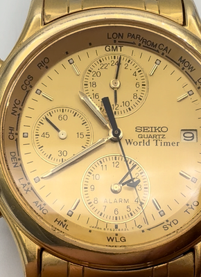 Vintage Seiko 5T52-6A29 World Timer GMT Alarm Gold Tone 37.5mm