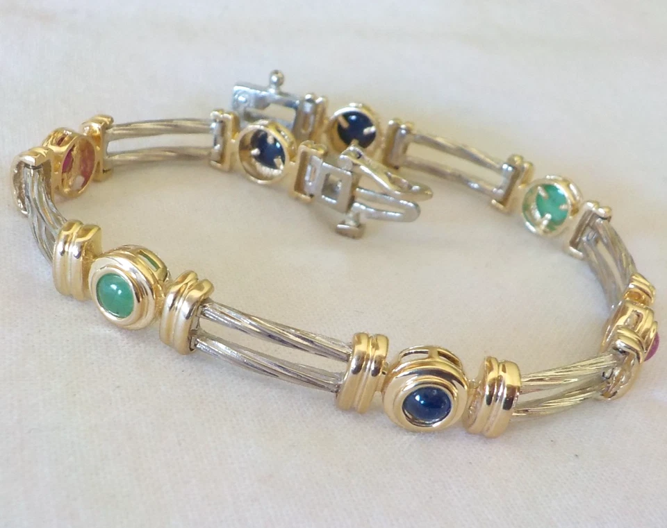Heavy 14k Multi Gold Cable Sapphire Ruby Emerald Bracelet - 15.32 gms, 6.9 inch - Image 2 of 4