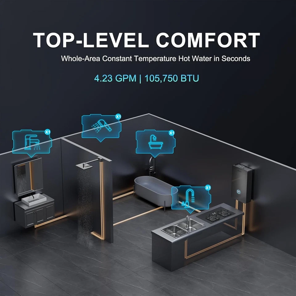 Tankless Water Heater Propane Indoor Installation Up to 4.23 GPM 105,750 BTU - Image 3 of 4