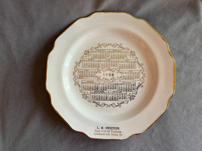 1958 Calendar Plate, L. M. Sweitzer, Coal and Oil Products, Lewisberry, PA