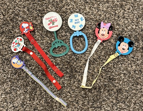 Vintage Lot Baby Pacifier Clips Holder Rattle Mickey Minnie Snoopy Christmas
