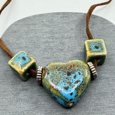 Turquoise Tone Blue Ceramic Heart Bead Necklace Brown Suede Cord Boho Statement