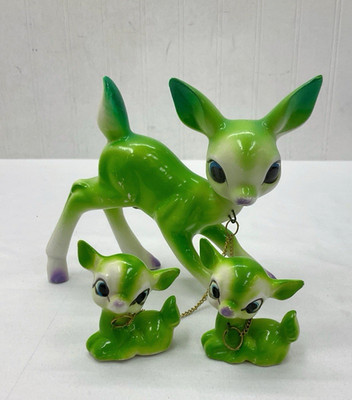 VTG Ceramic MCM Anthropomorphic Deer & Fawns on Chain | Rare Neon Green/Green
