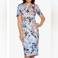 Adrianna Papell Dress 8 Blue Floral Midi Sheath Short Sleeve Cocktail