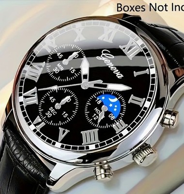 Schicke Geneva Armbanduhr Silber Schwarz 40mm Lederarmband