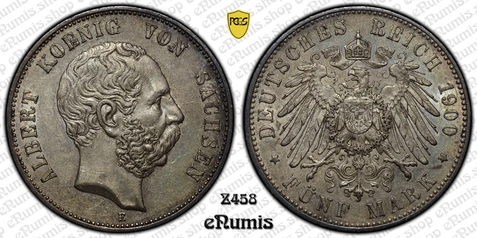 Germany, Saxony, Albert, 5 Mark 1900, toned, PCGS AU 55 - Image 2 of 4