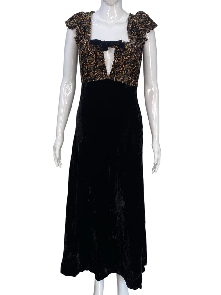 Maxi Vestido Largo Doen Para Mujer Estampado Floral Terciopelo Negro Plisado Talla XS Foto 3 de 4