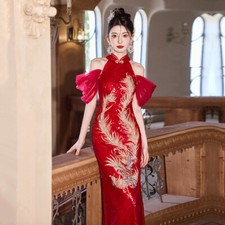 Chinese Cheongsam Evening Dress Dress One Shoulder Luxury Wine Red Glitter Dress
