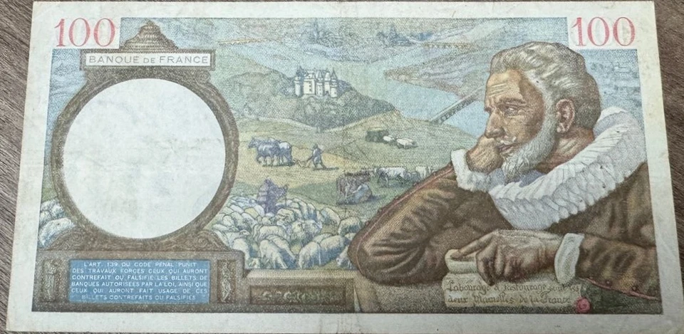 France 100 Francs 1940 Sully type 1939 VF+ folds, pinholes, stains. - Image 4 of 4