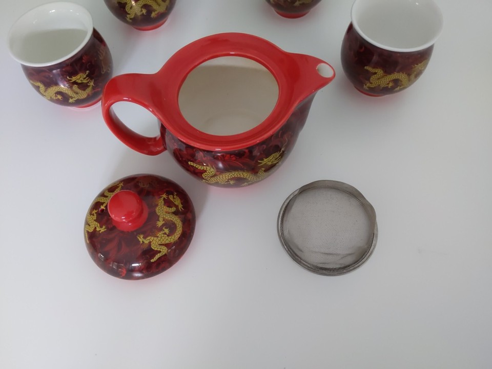 Chinese Tea Set Gold Red Dragons Design 4 Cups sake eBay