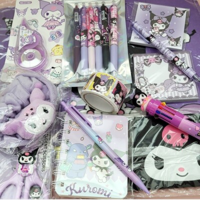 Kuromi Tote Bag+Pens+Notepads+Scissor+Pencil Pouch+Sticker Roll 200 PCS+Kawaii