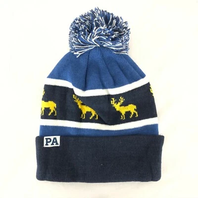 Cirque PA Pennsylvania Beanie Hat Deer Pom Cuffed Blue White Yellow One Size