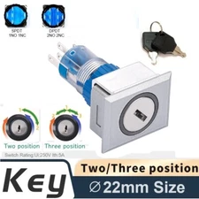 22mm SPDT/DPDT 5A250V 3Position Silver Rectangle LED Plastic Selector Key Switch