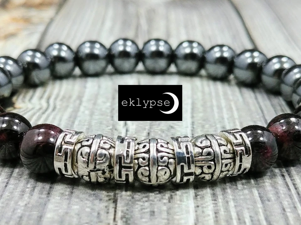 Brazalete de plata Tíbet HIP 8 mm granate + piedras preciosas de hematita con cuentas para hombre por eklypse Foto 4 de 4