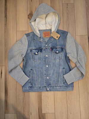 Levis Hybrid Hoodie Trucker Jacket Mens Size Medium Blue Gray Relaxed Fit