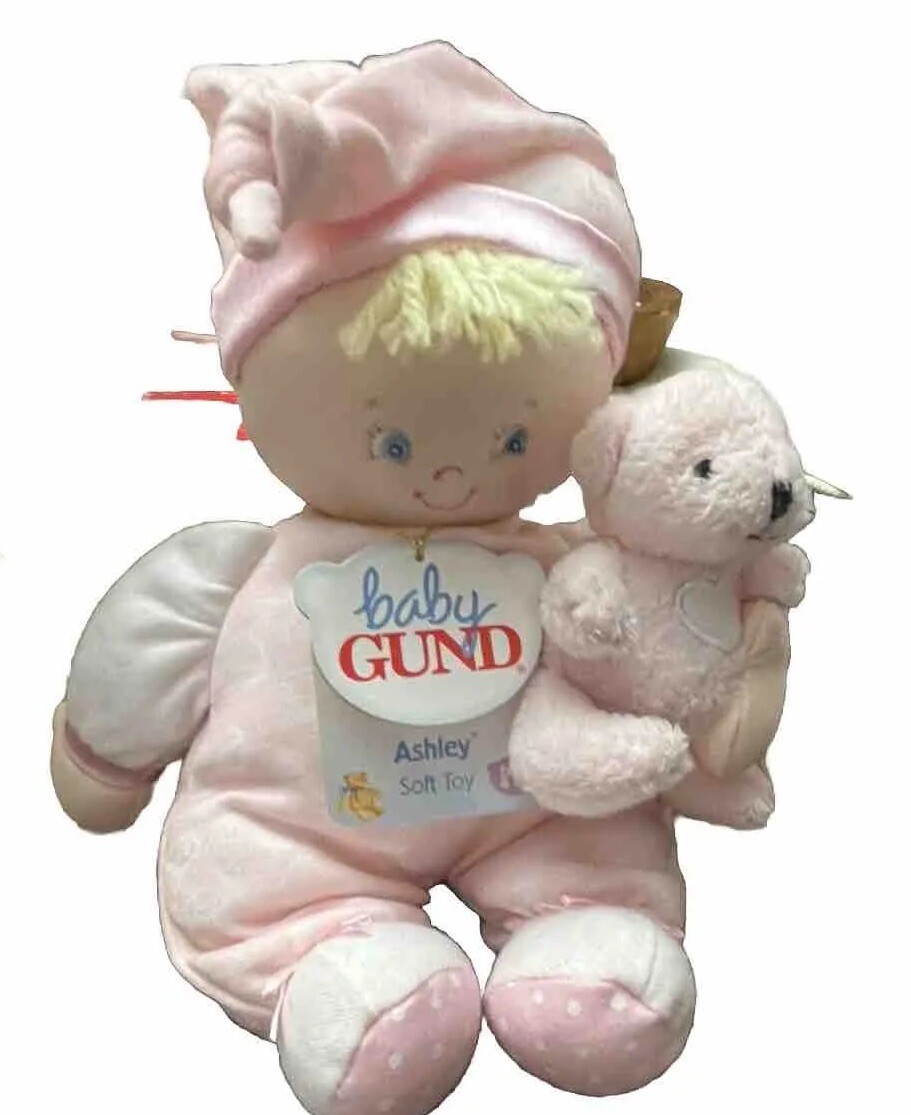 Baby Gund Ashley 58217 soft cloth doll with teddy bear pink 