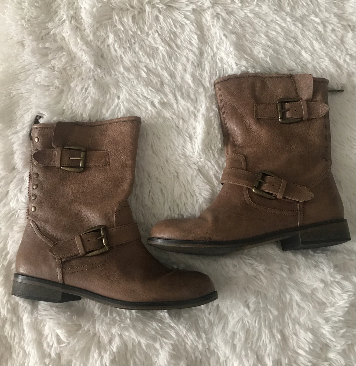 Steve Madden Women s Brown Tan Leather Buckle Red Zipper Biker