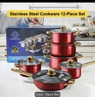 12pcs Red Pot Set Thin-Gauge Stainless Non-Stick Pan Kitchen Cookware Set