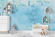3D Watercolor Shell Starfish Self-adhesive Removeable Wallpaper Wall Mural